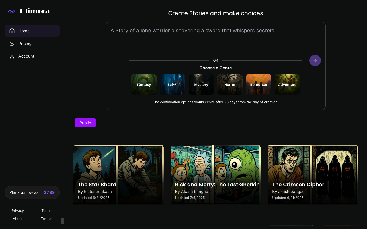 Glimora - An AI-based story generator that lets you create interactive adventures AI storytelling interactive