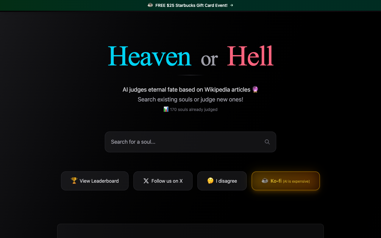 Heaven or Hell - An AI-powered site that judges your eternal fate based on Wikipedia articles AI judgment eternal-fate
