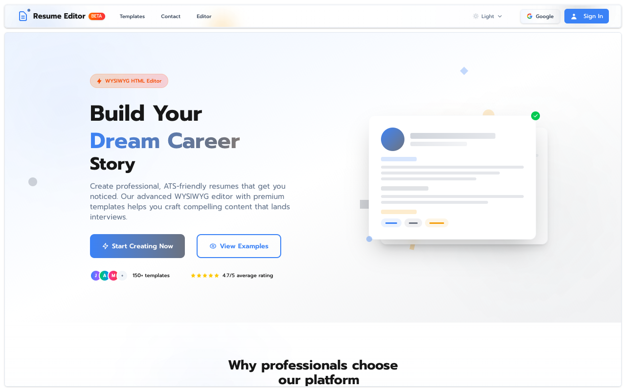 HTML Resume Template Editor - Create ATS-friendly resumes with our WYSIWYG editor and free templates resume WYSIWYG PDF-export