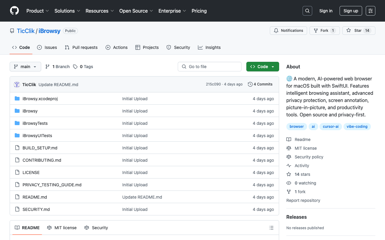 iBrowsy - A modern AI-powered web browser for macOS with advanced privacy features browser AI open-source