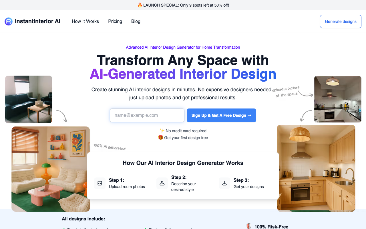 InstantInterior AI - Transform Your Space with AI-Powered Interior Design in Minutes interior-design AI home-transformation