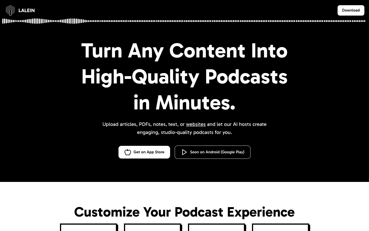 Lalein - Turn Any Content Into High-Quality Podcasts in Minutes podcast AI content-creation