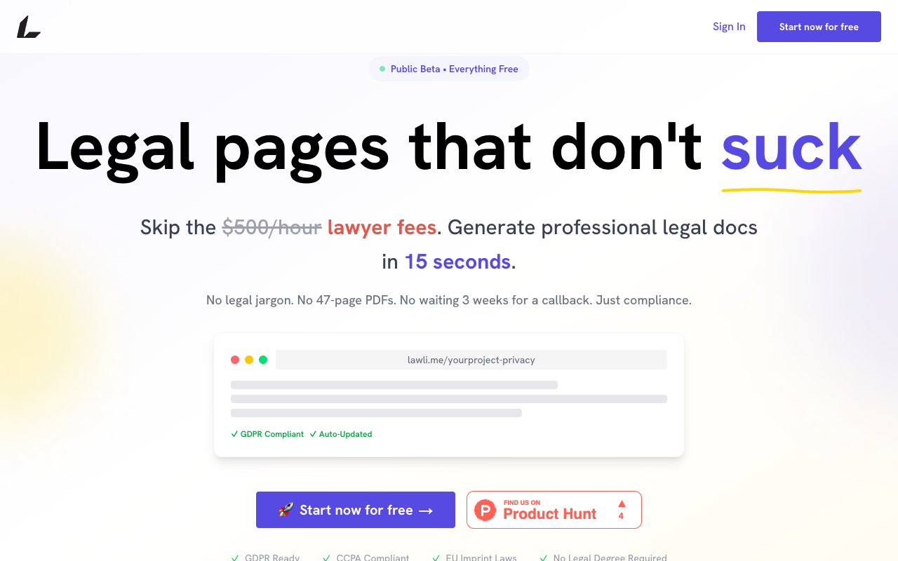Lawli - Legal Pages, Minus the Pain: Because you’ve got better things to do than write legal crap legal compliance AI