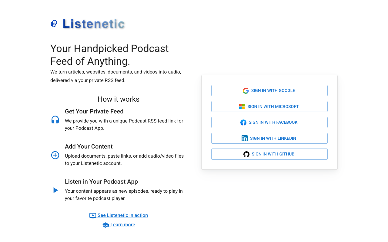 Listenetic - Your personalized podcast feed that turns articles and videos into audio podcast AI audio