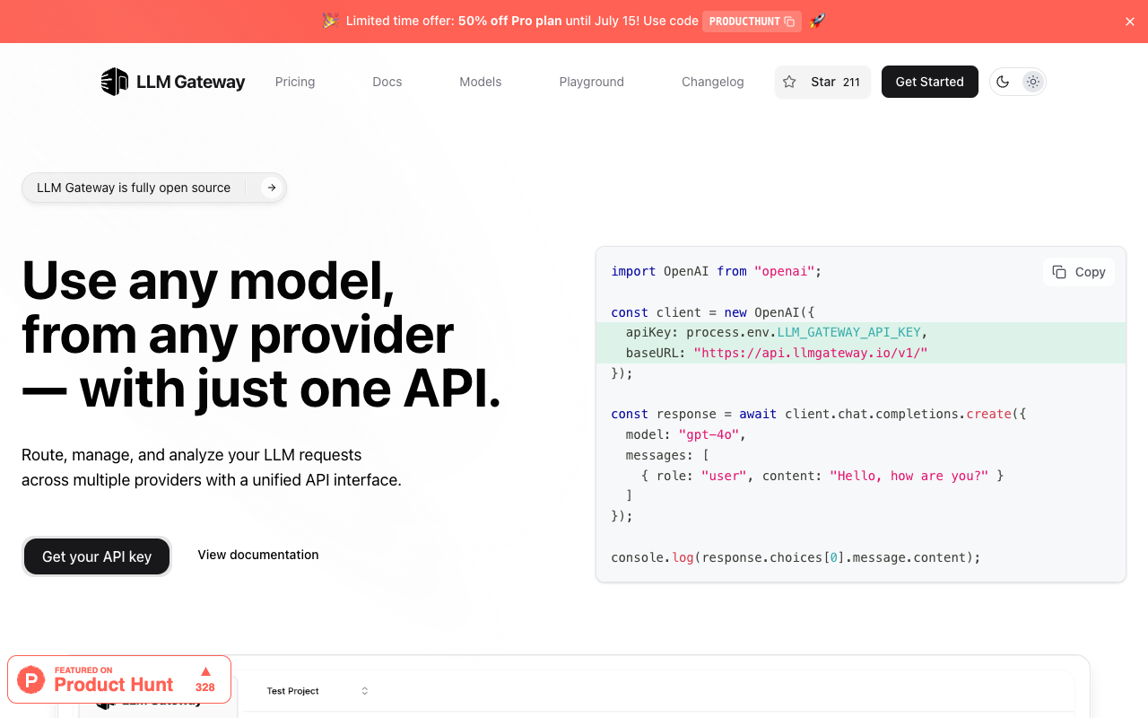LLM Gateway - Use any AI model with just one API API AI LLM