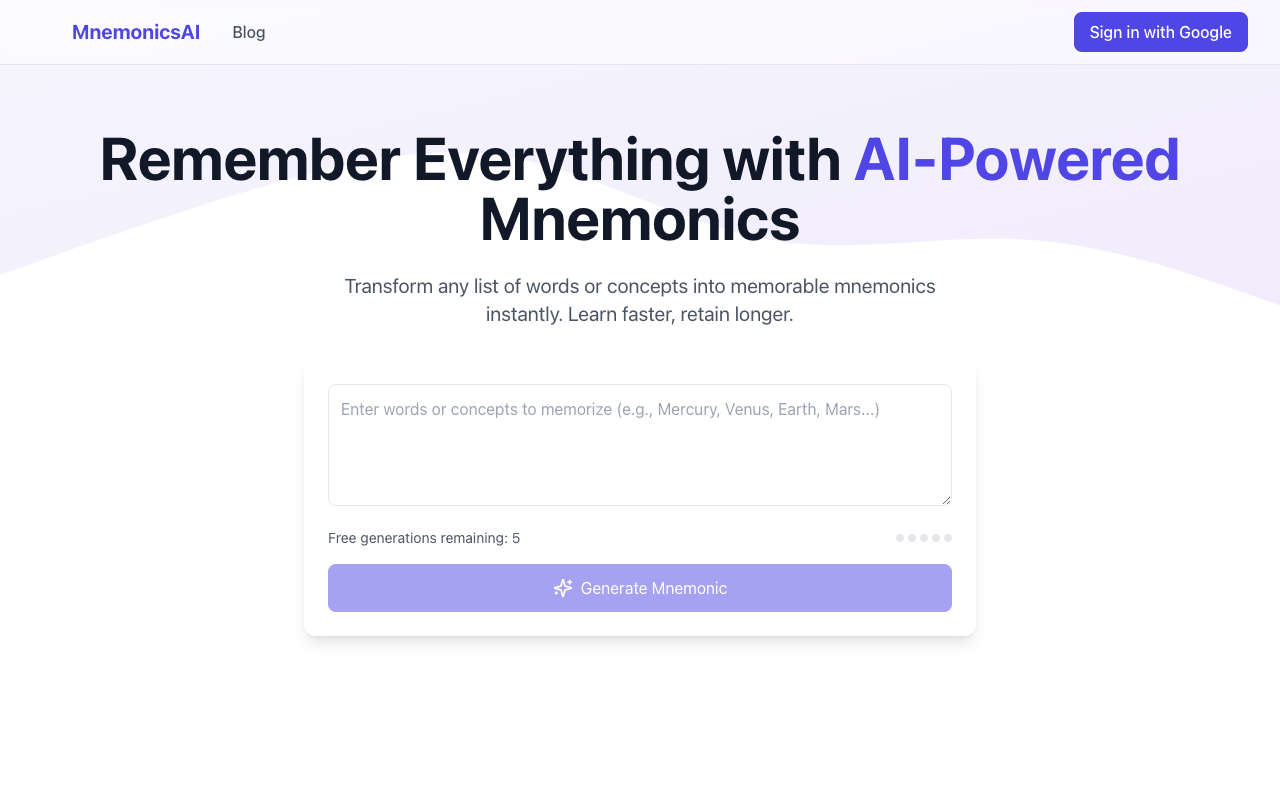 MnemonicsAi - Enhance Learning Efficiency with Mnemonics and AI AI Education