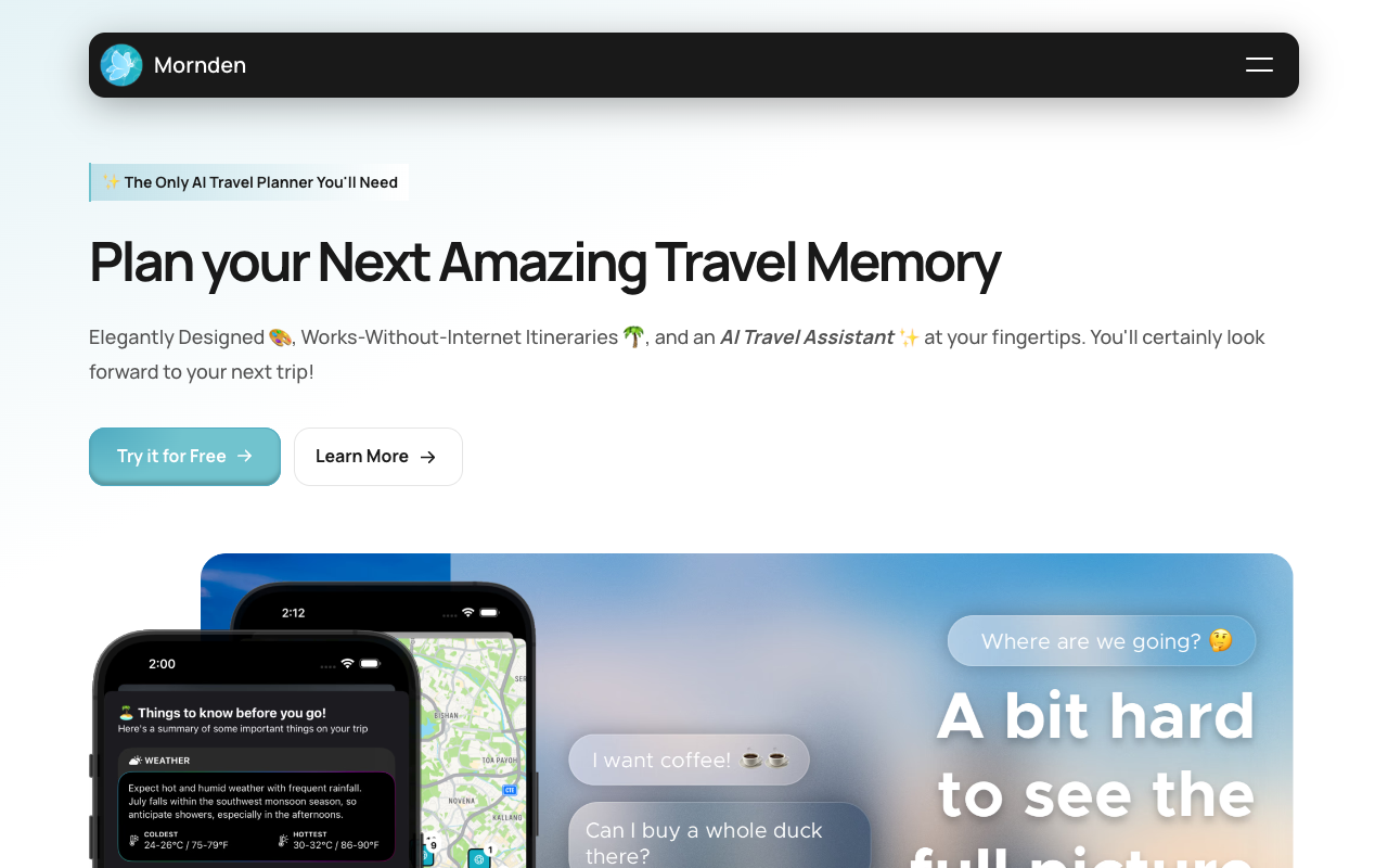 Mornden - An AI travel planner that helps you organize your trips effortlessly travel AI planner