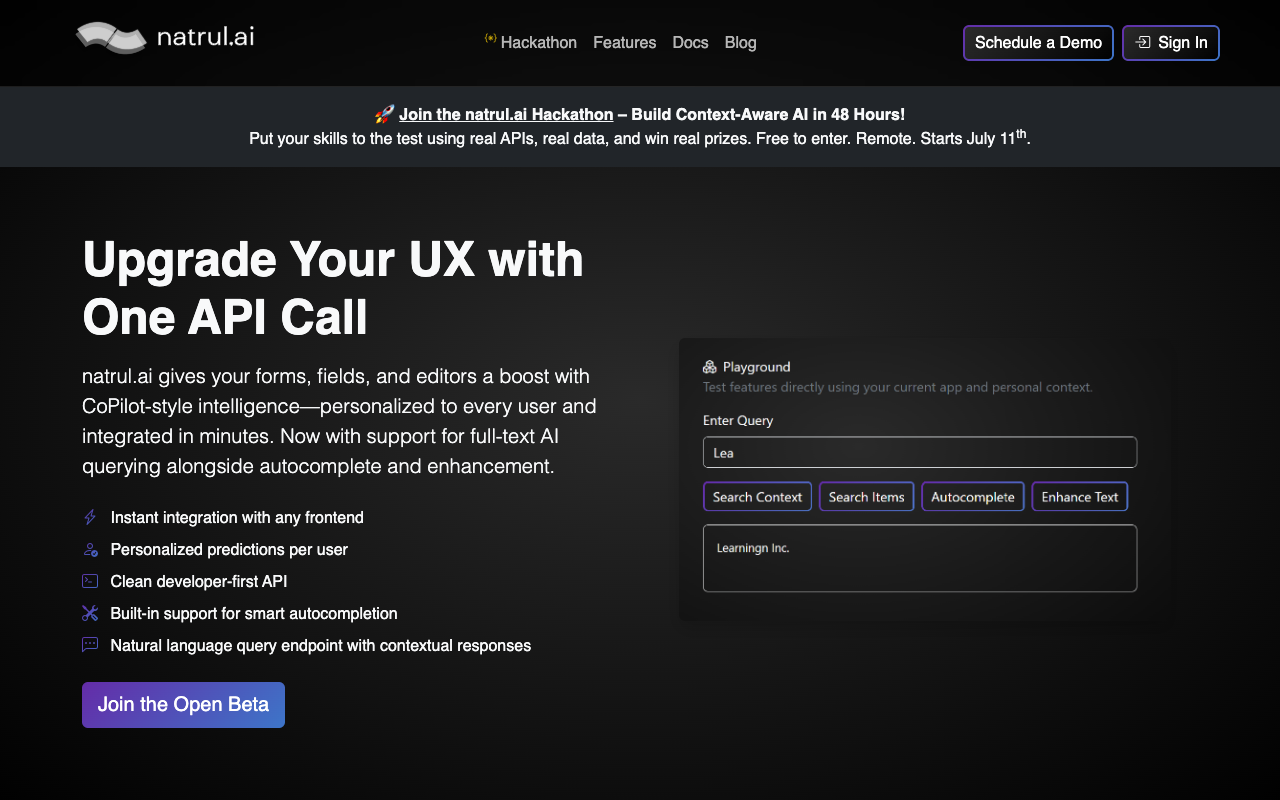 Natrul AI - Instant personalized app features with context-aware APIs AI APIs personalization