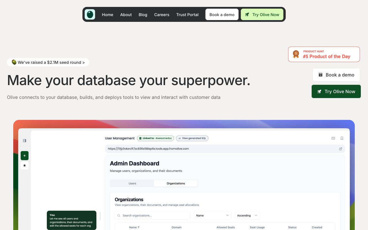 Olive - Generate admin dashboards in minutes from a prompt internal-tools dashboards natural-language