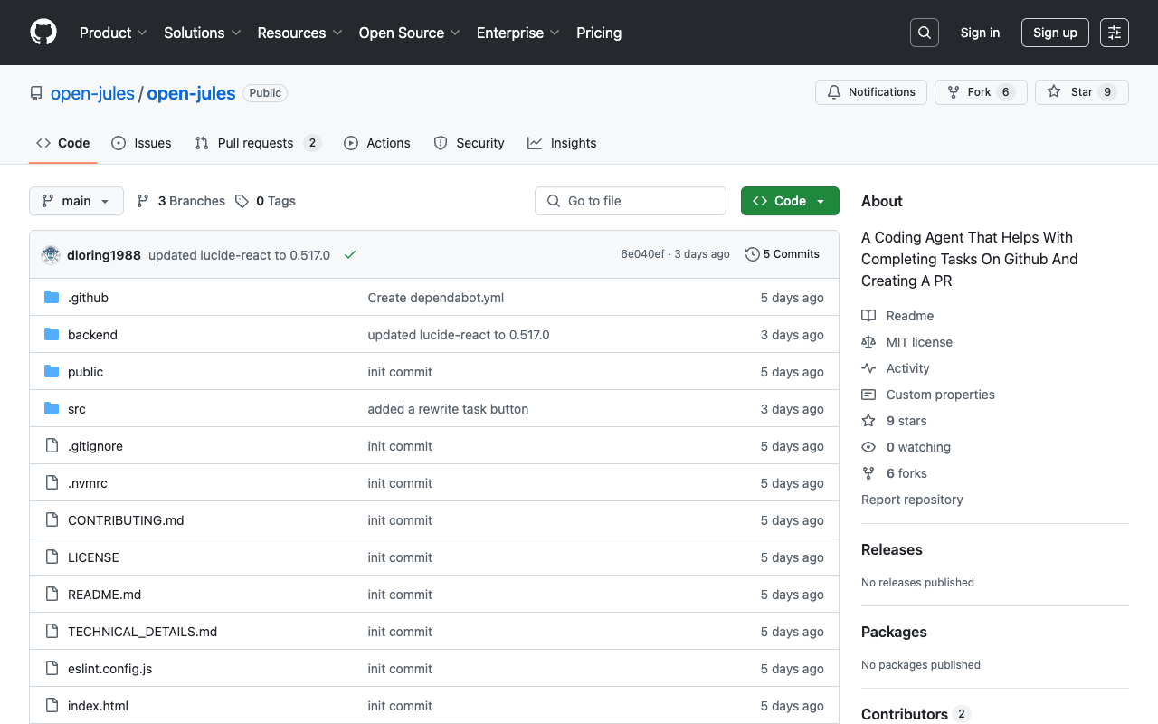 Open Jules - A coding agent that helps with completing tasks on GitHub coding automation AI