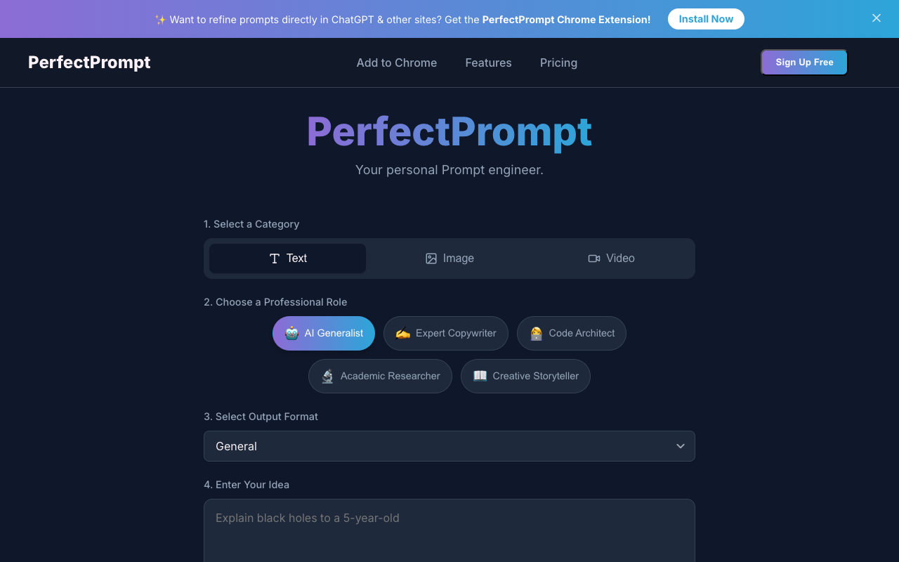 PerfectPrompt - Transform Your Simple Prompts into Expert-Level AI Prompts AI prompts ChatGPT