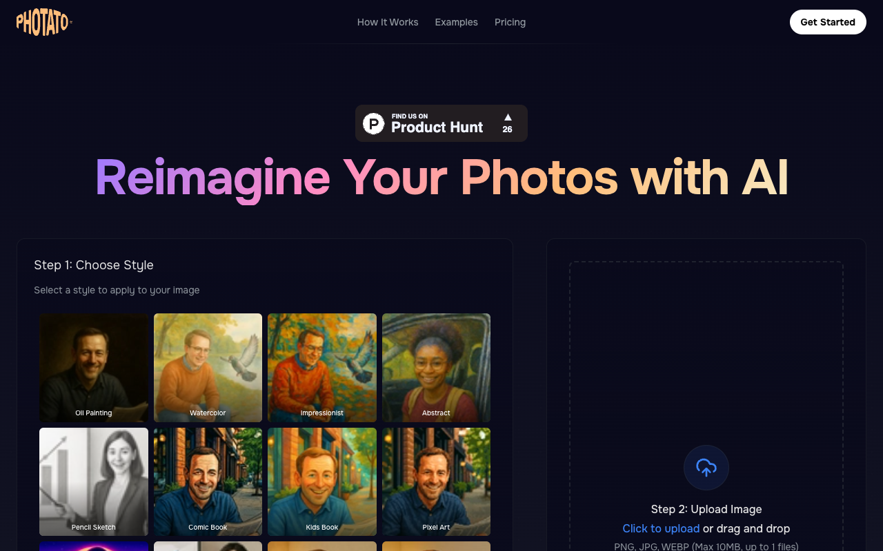Photato - Reimagine your photos with AI in iconic artistic styles AI image-transformation photography