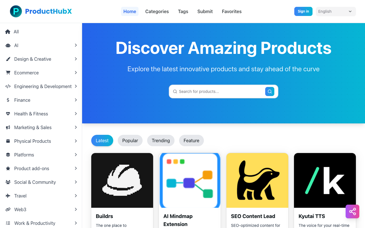 ProductHubX - A multilingual platform to discover the best new products and tools daily innovation products tools