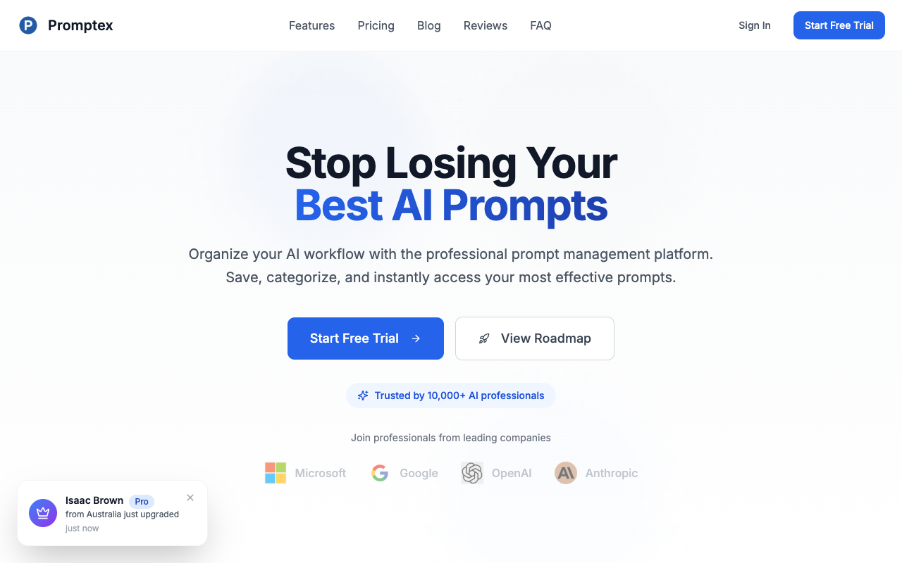Promptex - A modern AI prompt management platform for organizing and optimizing prompts AI prompt-management SaaS
