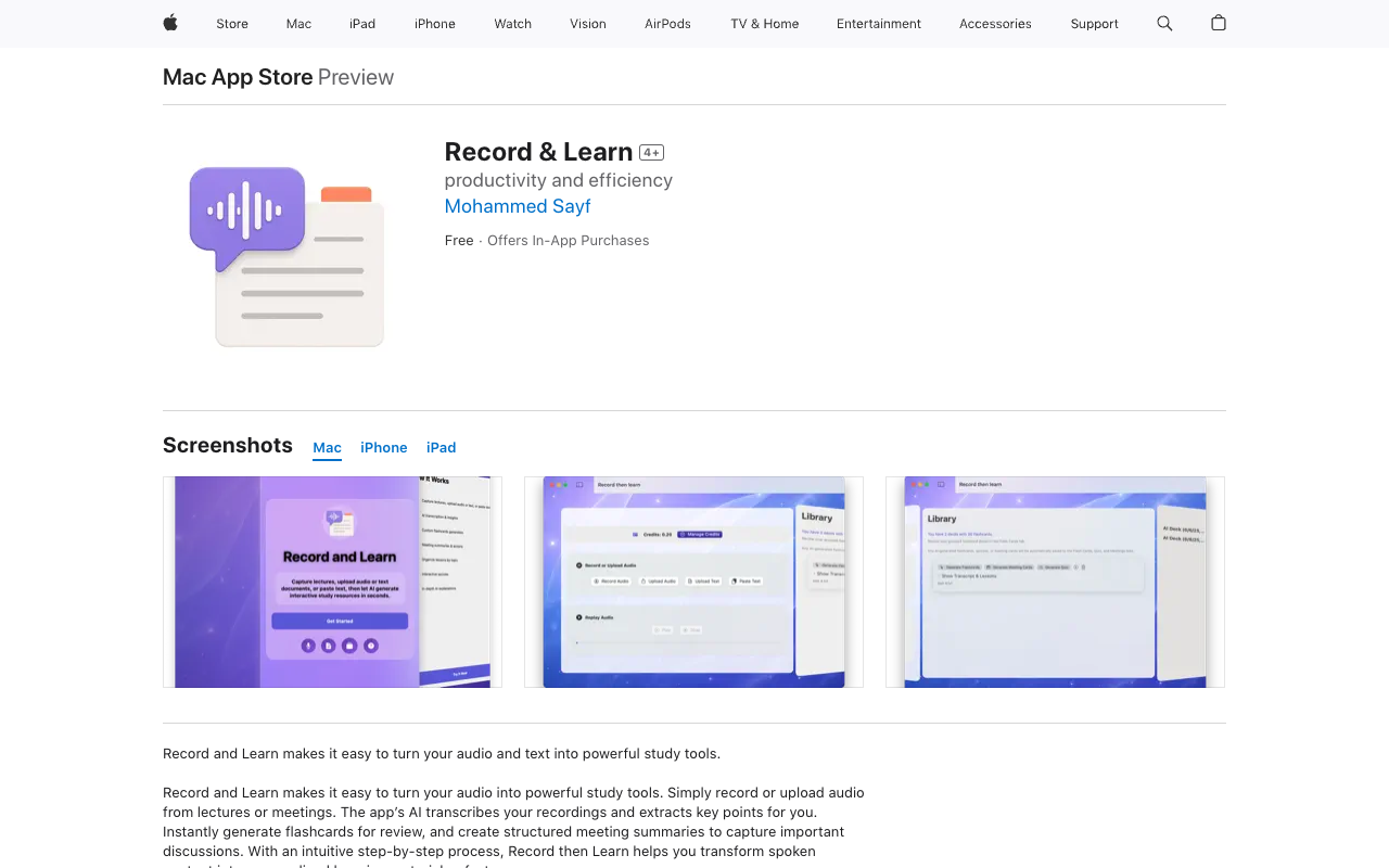 Record and Learn - An AI app that transforms your videos and text into flashcards and quizzes AI education productivity