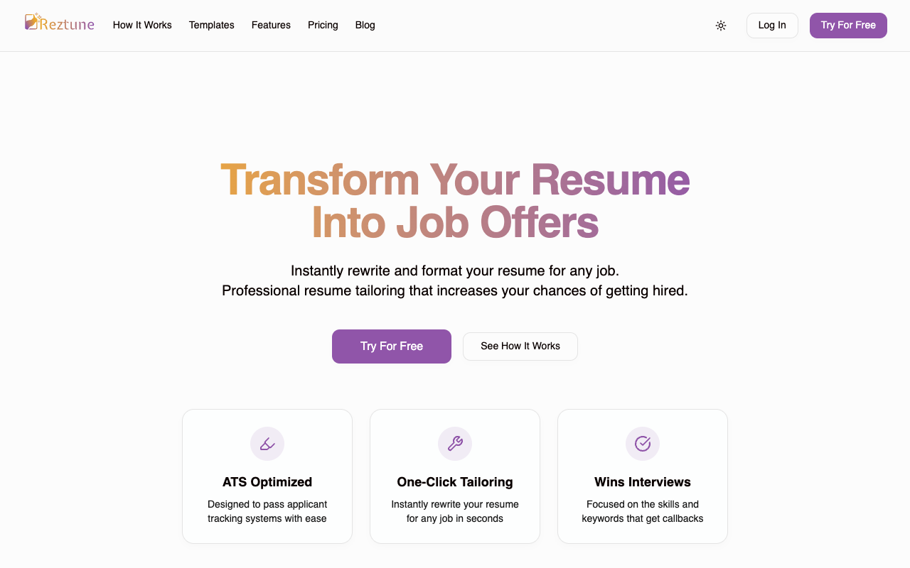 Reztune - Instantly rewrite and format your resume for any job resume AI job-search