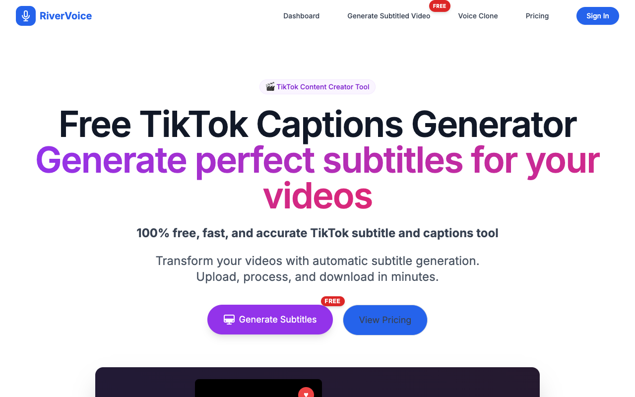RiverVoiceAI - A Free TikTok Captions Generator that Creates Accurate Subtitles for Your Videos TikTok captions subtitles