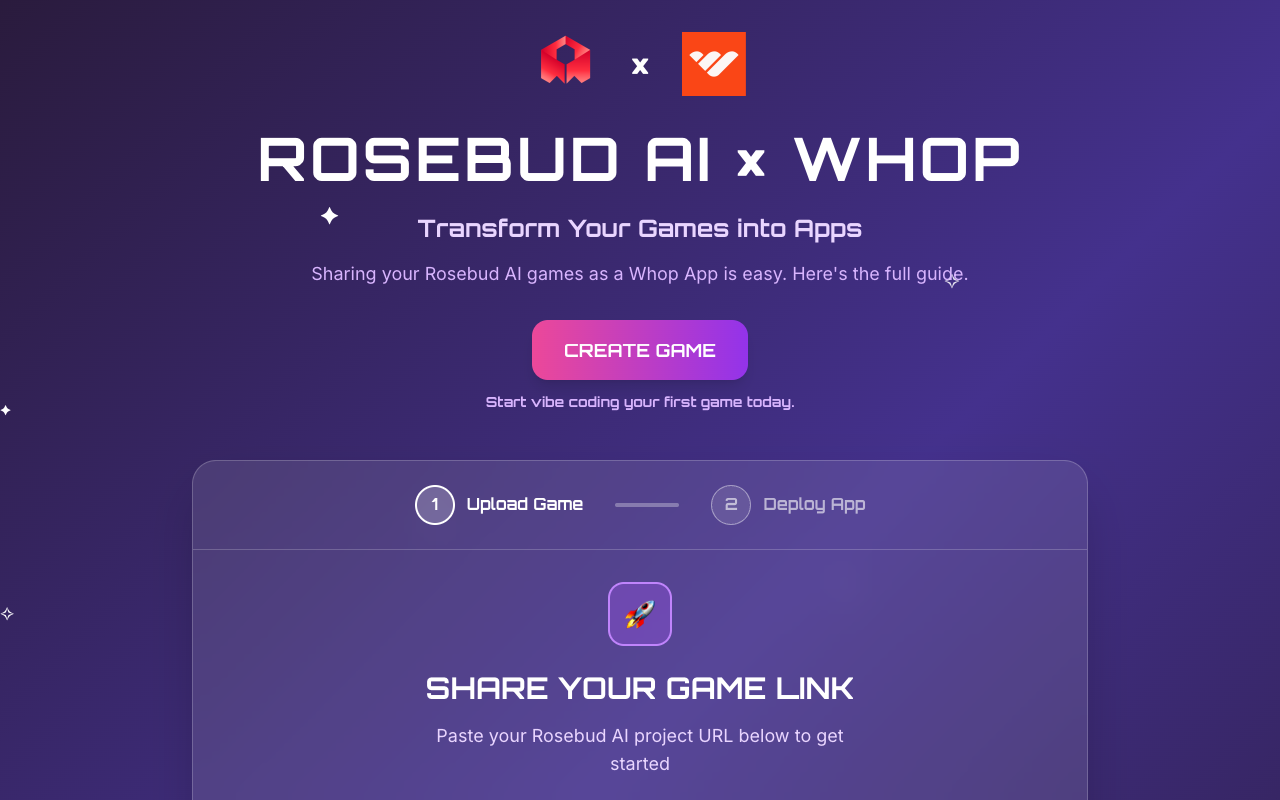 Rosebud Game to Whop App - Create stunning Whop games with ease gaming AI game-development