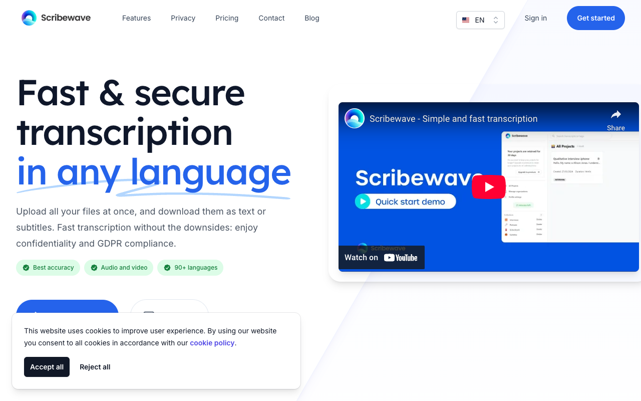 Scribewave - The Fastest and Most Secure Multilingual Transcription Tool transcription AI multilingual