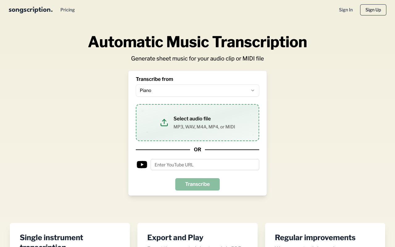 Songscription.ai - An AI tool that automatically transcribes audio to sheet music and MIDI music AI transcription