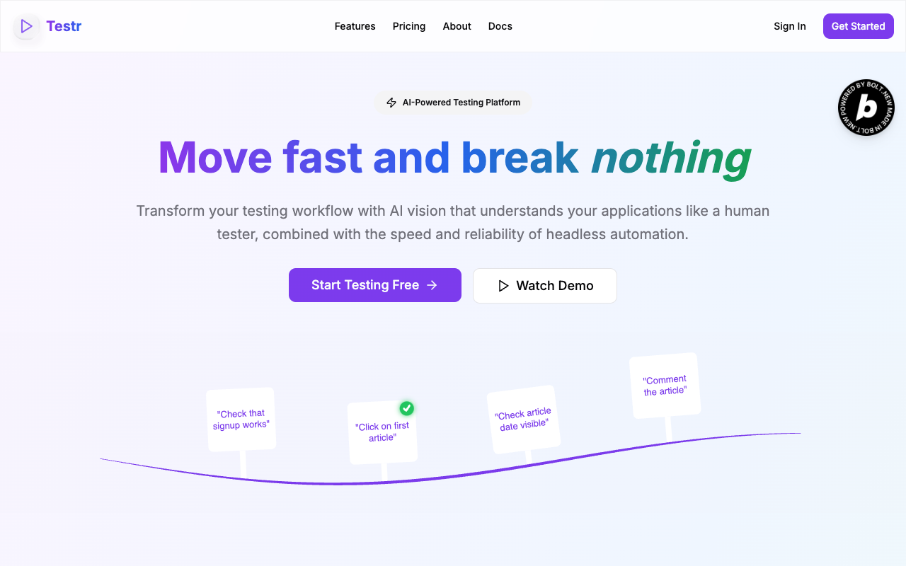 Testr - AI-Powered Website Testing Made Easy with Simple Prompts AI website-testing automation