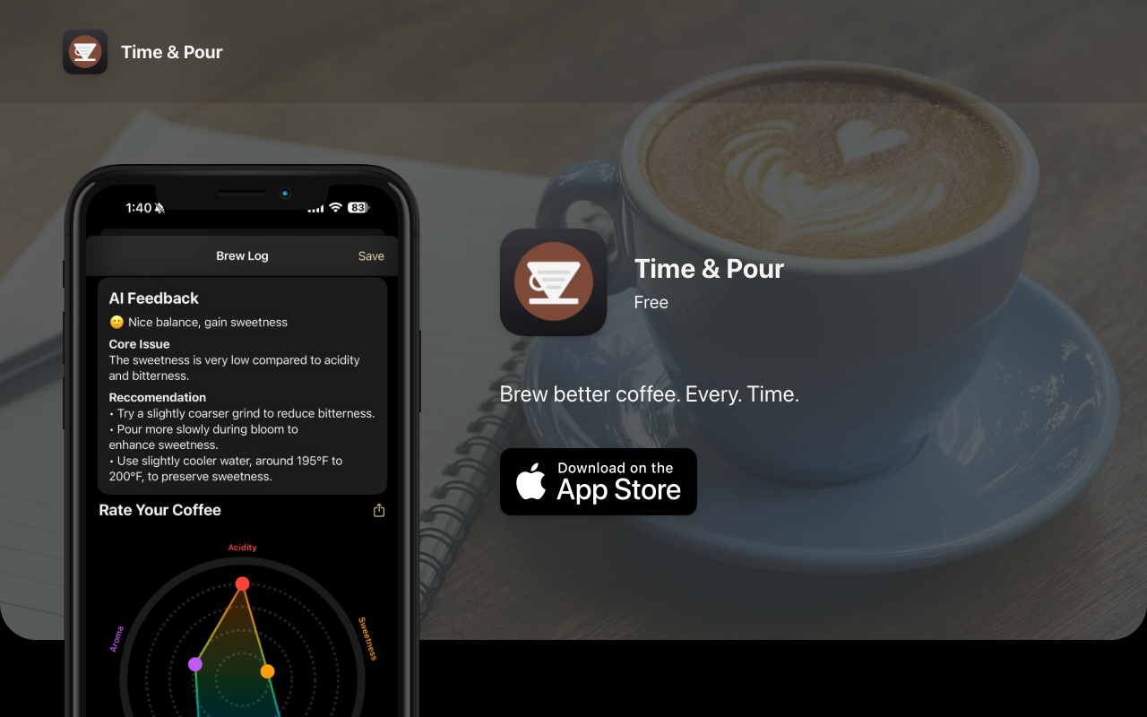 Time & Pour - Your ultimate coffee brewing app for mastering flavor and consistency coffee brewing AI