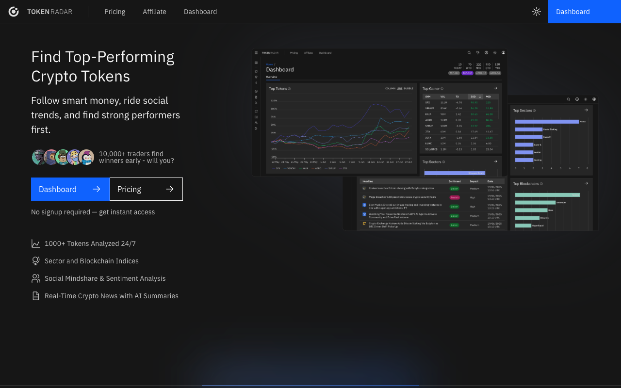 Token Radar - A tool to find top-performing crypto tokens and analyze trends crypto analytics blockchain