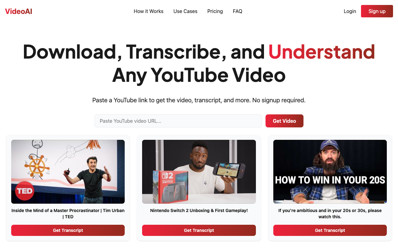 VideoAI - Transform YouTube videos into interactive, searchable conversations YouTube AI transcription