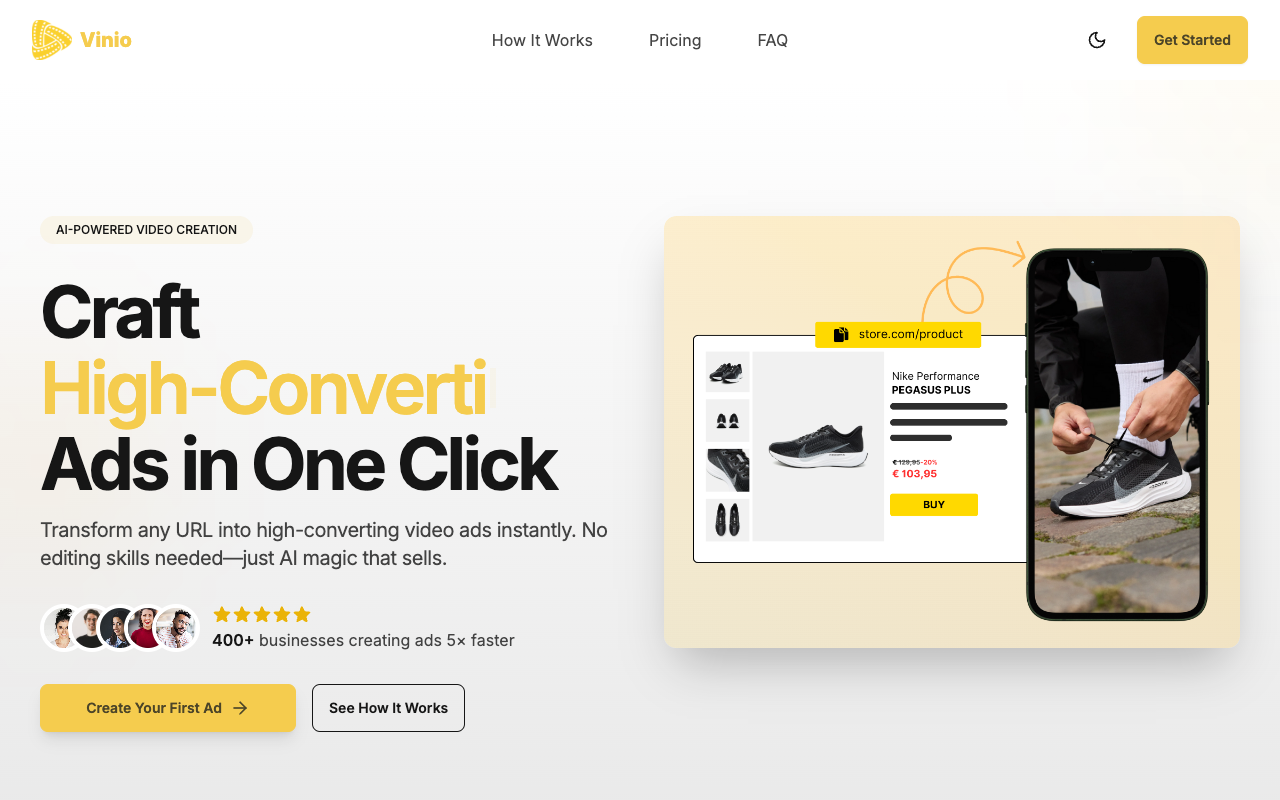 Vinio - Transform any URL into high-converting video ads instantly video-ads AI marketing