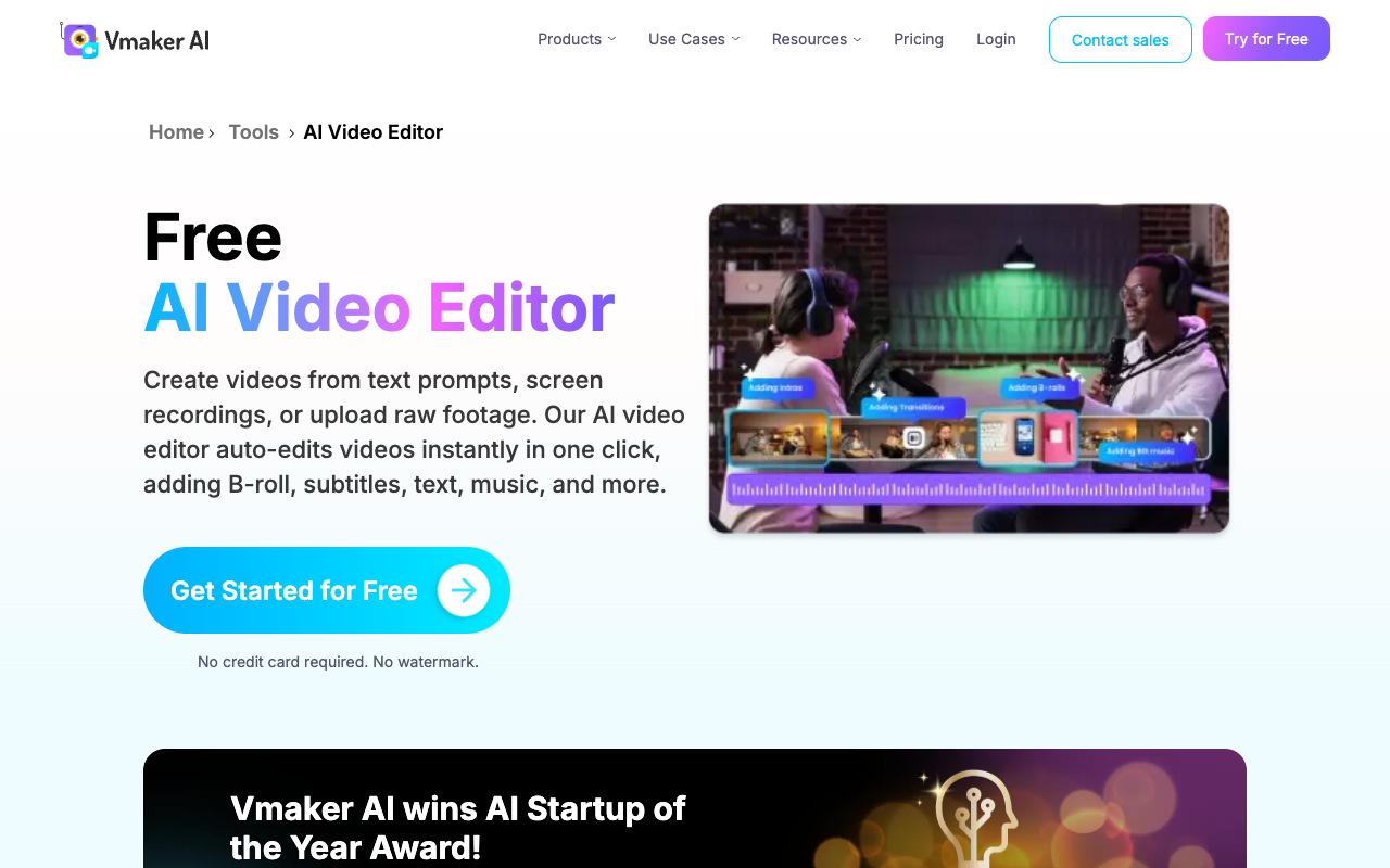 Vmaker AI Video Editor - An AI tool that creates and edits videos effortlessly for you AI video-editing automation