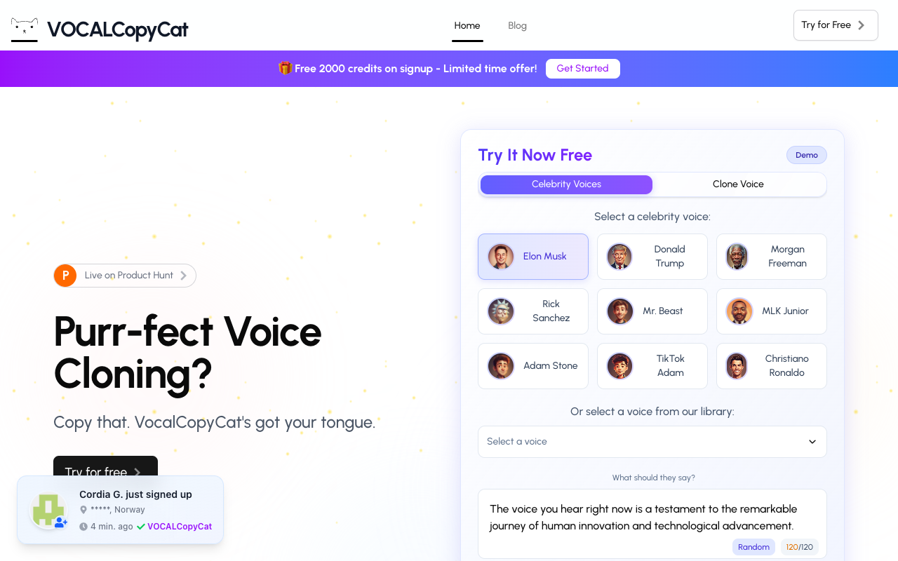 VOCALCopyCat - An AI voice generation platform that offers advanced voice cloning and text-to-speech tools voice-cloning AI text-to-speech