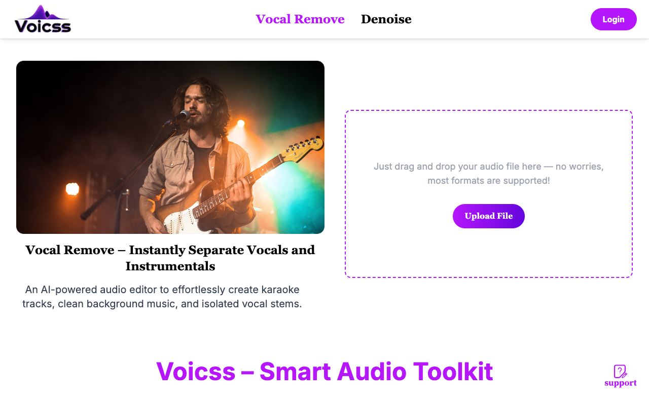 Voicss - Create karaoke tracks instantly with an AI vocal remover karaoke AI audio-editing
