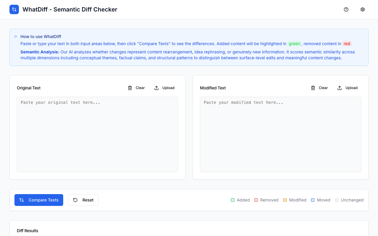 WhatDiff - A free online semantic diff checker that helps you identify substantial changes in text semantic-diff AI text-analysis