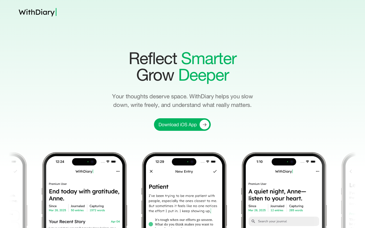 WithDiary - A journaling app that helps you reflect smarter and grow deeper journaling reflection personal-growth