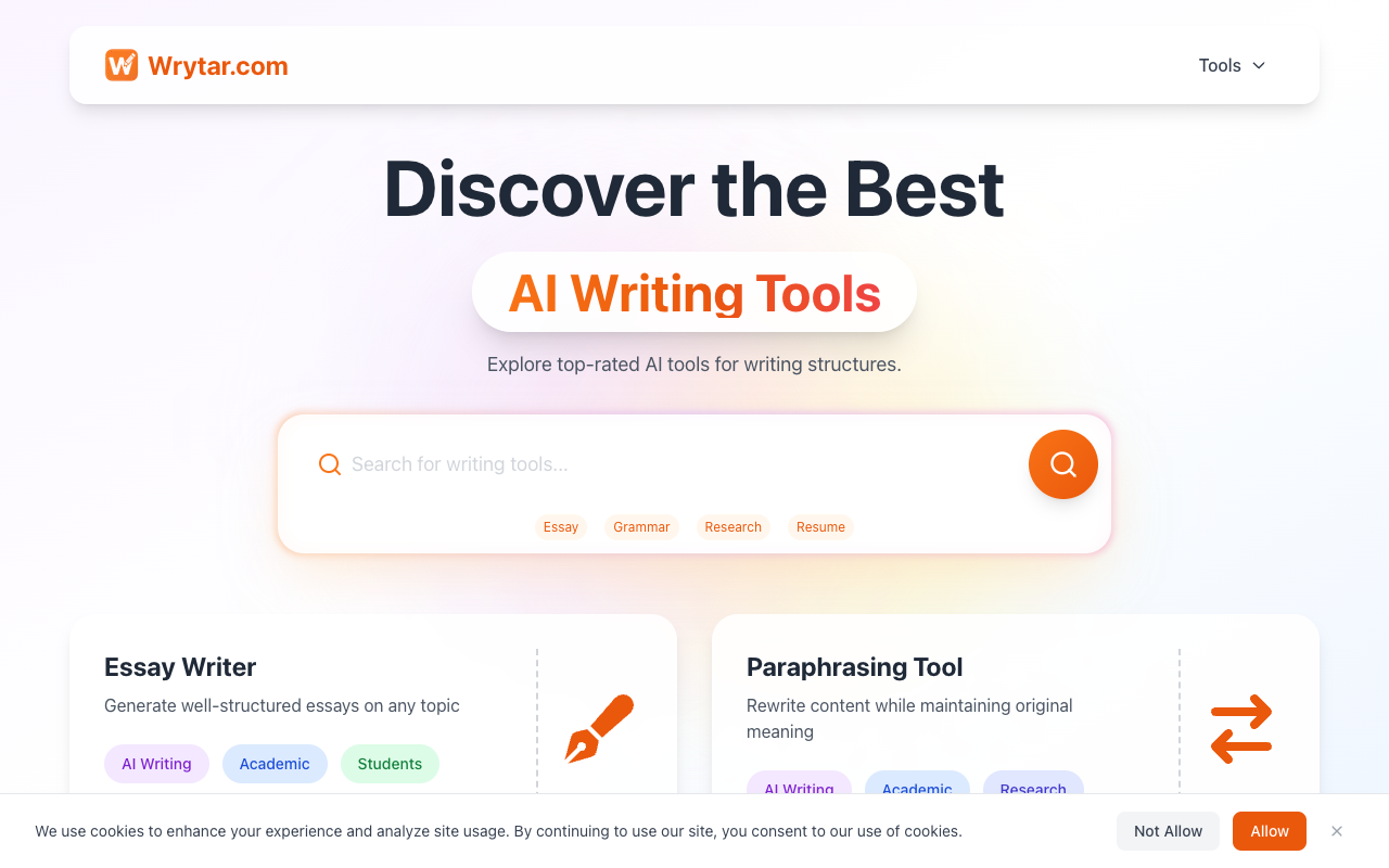 Wrytar - Discover 20+ Free AI Writing Tools for Smarter Writing writing AI tools