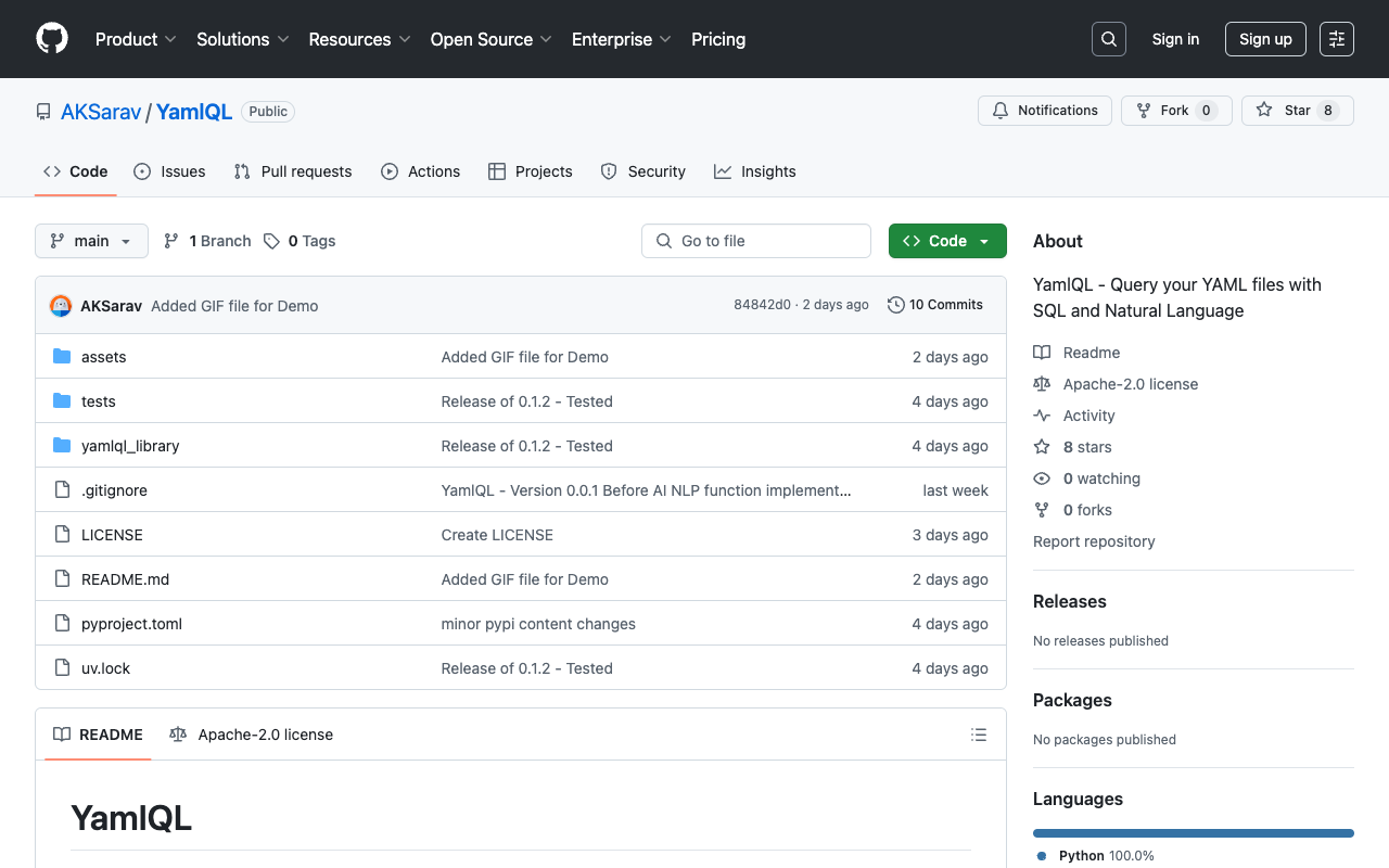 YamlQL - A tool to query YAML files using SQL and Natural Language YAML SQL AI