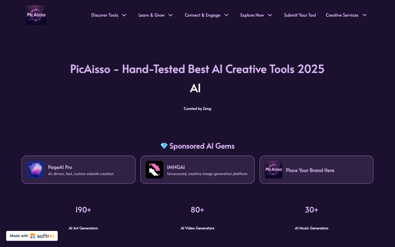 PicAisso - A curated list of AI tools for art, video, music, and design creation AI creative-tools art