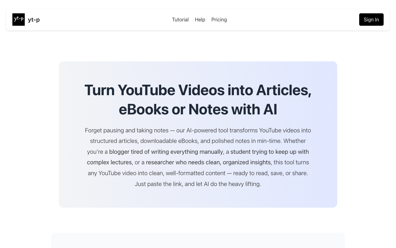 YT-P - Transform YouTube Videos into Articles, eBooks, and Notes with AI YouTube AI content-creation
